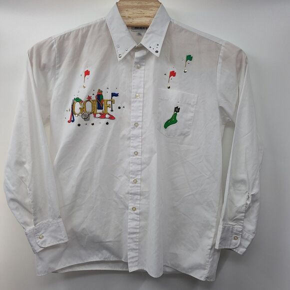 Modit White Solid Embellished Mens Long Sleeve Button Down Golf Shirt Sz 16-16.5 - Picture 2 of 5